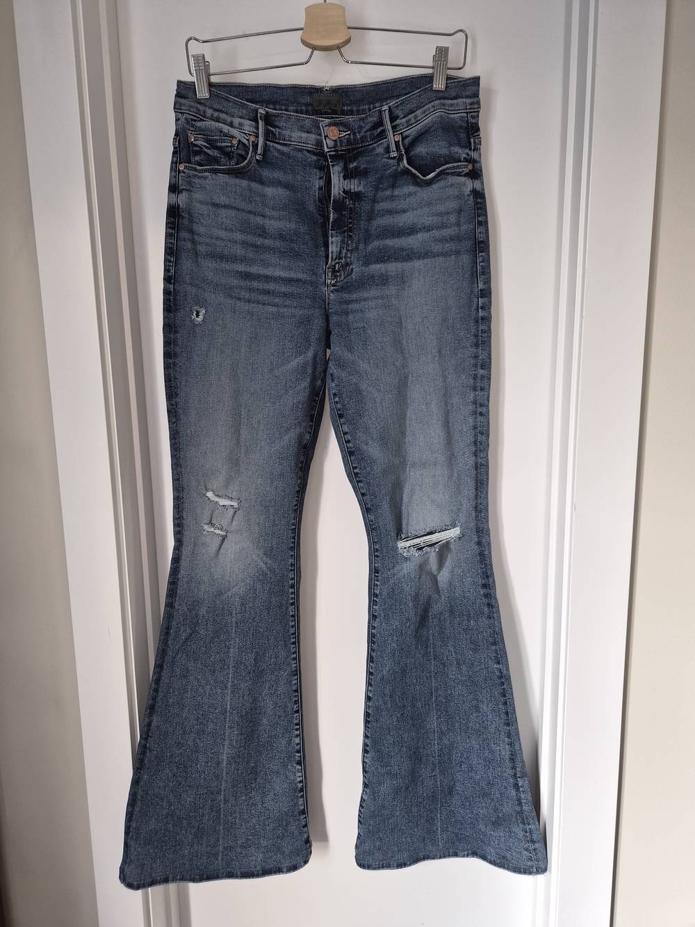 MOTHER Blue Medium Wash Flare Jeans with Knee Distressing